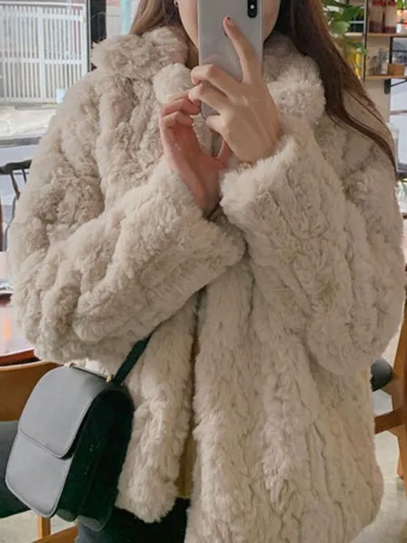 Milanoo Faux Fur Coats For Women Long Sleeves Casual Turndown Collar Apricot Winter Coat