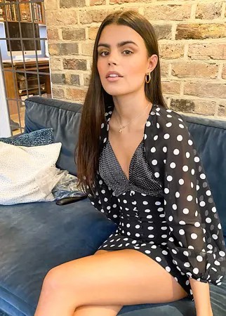 Монохромное платье мини в горошек на пуговицах с пышными рукавами ASOS DESIGN Petite-Мульти