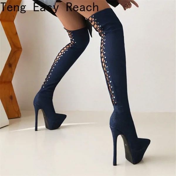 Женские ботфорты на платформе, черные или синие сапоги выше колена на высоком каблуке, обувь для ночного клуба вечерние, большой размер 43