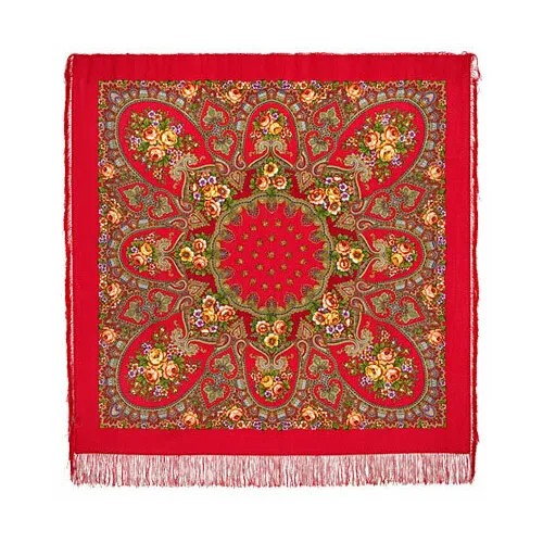 Платок Павловопосадская платочная мануфактура,146х146 см, горчичный, красный