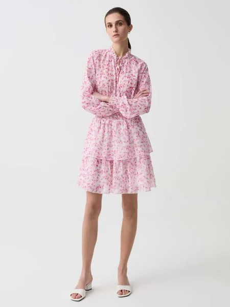 Короткое ярусное платье с принтом в виде листвы Ovs, цвет white/pink