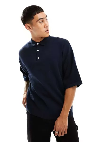 Темно-синяя трикотажная рубашка-поло оверсайз Jack & Jones