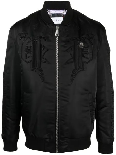 Philipp Plein атласный бомбер с вышитым логотипом, черный