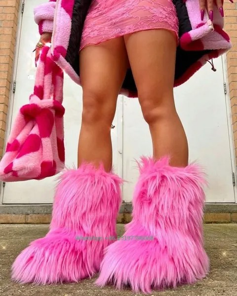 Женские ярко-розовые сапоги на меху в стиле панк, Модные Дизайнерские Сапоги до середины икры с перьями, ботинки в стиле бохо, офисные женски...