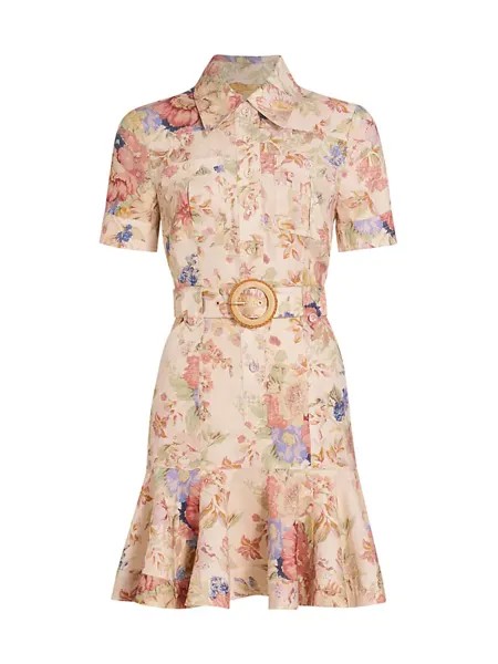 Льняное мини-платье August с поясом и цветочным принтом Zimmermann, цвет cream floral