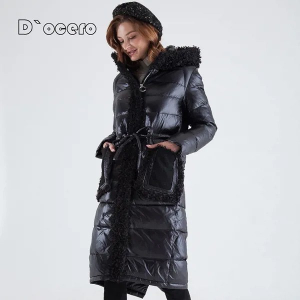 D`OCERO 2021 Новый пуховик женский куртка зимняя женская парки из искусственного меха женское длинное стеганое пальто с поясом толстая хлопкова...