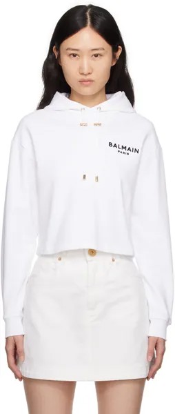 Белый худи с флоковым принтом Balmain