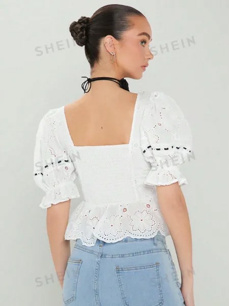 SHEIN ENCHNT Лето-весна ажурный дизайн с вышивкой на шнуровке с квадратным вырезом милая блузка, белый