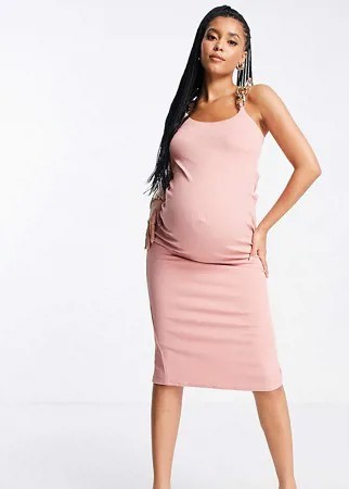 Розовое фактурное платье макси с золотистой цепочкой и высоким вырезом ASOS DESIGN Maternity-Разноцветный