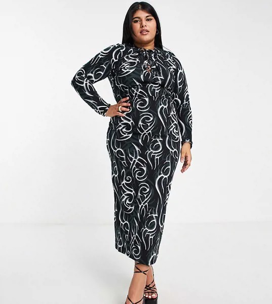 Платье-труба миди с принтом в стиле татуировок и завязкой спереди ASOS DESIGN Curve-Разноцветный