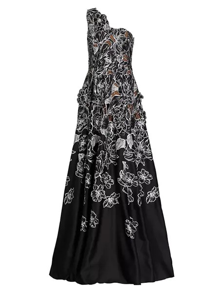 Платье на одно плечо с цветочной вышивкой Marchesa Notte, черный
