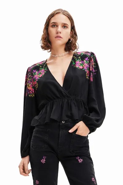 Блуза с баской с цветочным принтом Desigual, черный
