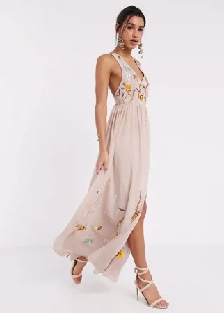 Розовое платье макси на пуговицах с вышивкой Frock & Frill-Розовый
