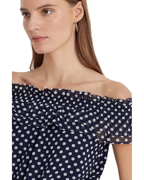 Блуза LAUREN Ralph Lauren Polka Dot Off-the-Shoulder Blouse, цвет Navy/Cream