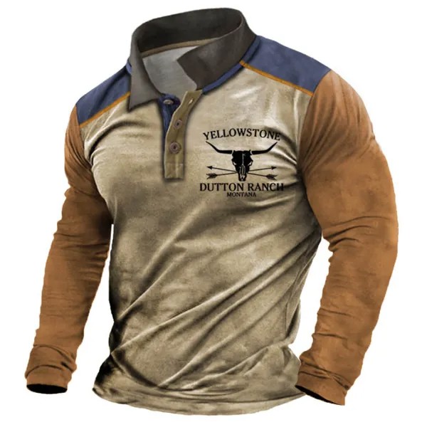 Мужская футболка поло с длинным рукавом Vintage Yellowstone Skull Bull Contrast Colorblock Повседневные топы Хаки