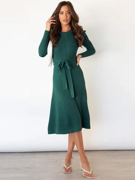 Milanoo Women Knitted Dress Elegant Lace Up Polyester Long Sleeves Stretch Jewel Neck Ink Green Midi