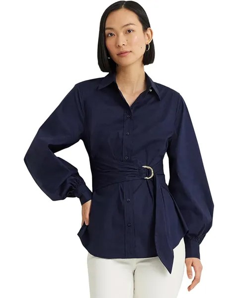 Рубашка LAUREN Ralph Lauren Petite Tie-Front Cotton-Blend Shirt, нави