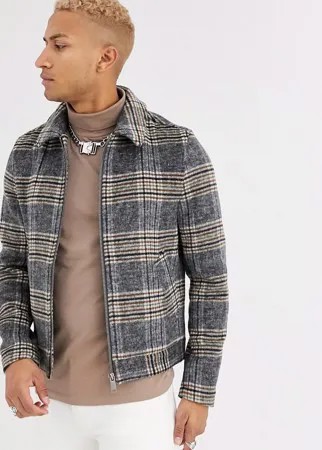 Куртка Харрингтон в клетку с добавлением шерсти ASOS DESIGN-Серый