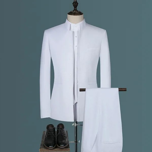 Мужской костюм из трех предметов, жилет и брюки, приталенный простой однотонный костюм в китайском стиле с воротником-стойкой, Блейзер, пальто и брюки