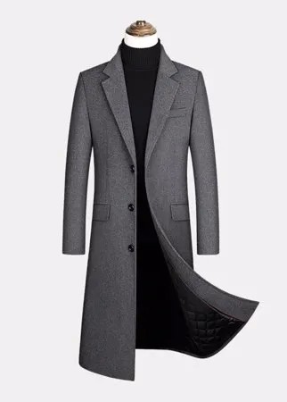 Мужские шерстяные однобортные повседневные длинные пальто с плоским воротником и карманом с клапаном