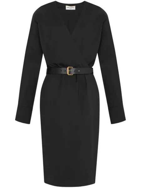 Saint Laurent платье миди с запахом и поясом, черный