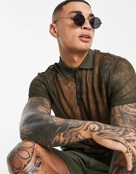 Свободная футболка-поло цвета хаки из фактурной сеточки ASOS DESIGN-Зеленый цвет