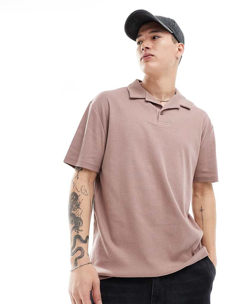 ASOS DESIGN – Рубашка-поло свободного кроя розового цвета в рубчик с воротником с лацканами