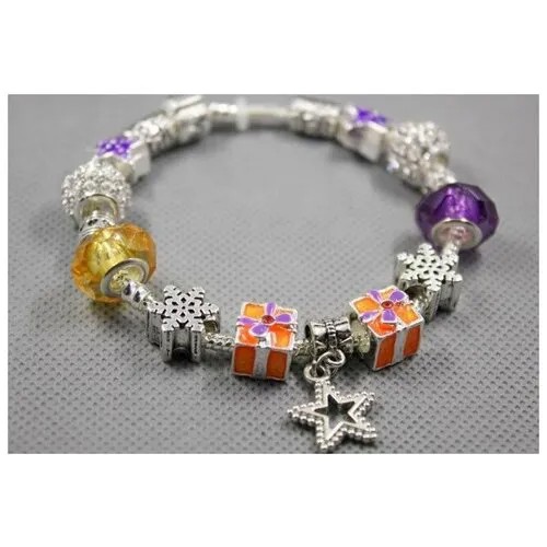 Браслет-цепочка Handinsilver ( Посеребриручку ) Браслет с шармами на основе из бижутерной стали, муранское стекло, стразы, стекло, 1 шт., размер 17 см, оранжевый
