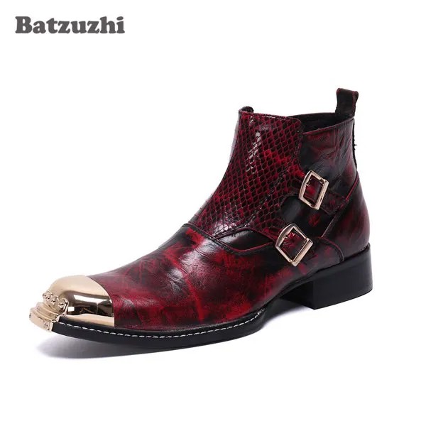 Batzuzhi модная мужская обувь; Цвета: золотистый, металлическим носком мужские кожаные ботинки сказочными пряжками на лодыжке красного цвета вечерние свадебное платье сапоги, большой Размеры US6-12