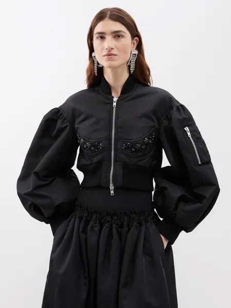 Укороченный атласный бомбер, украшенный кристаллами Simone Rocha, черный