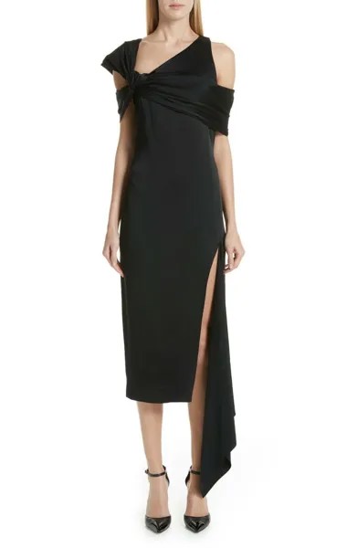 NEW MONSE Черное атласное асимметричное платье миди с открытыми плечами, размер 12 л