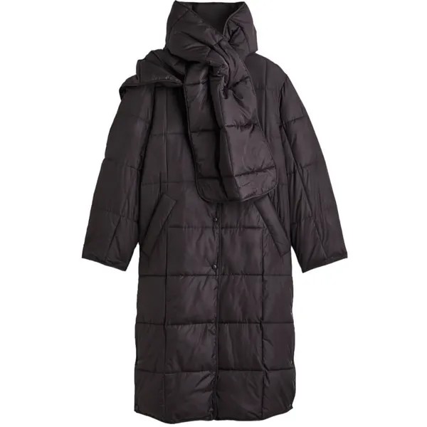 Пальто H&M Quilted with Scarf, черный