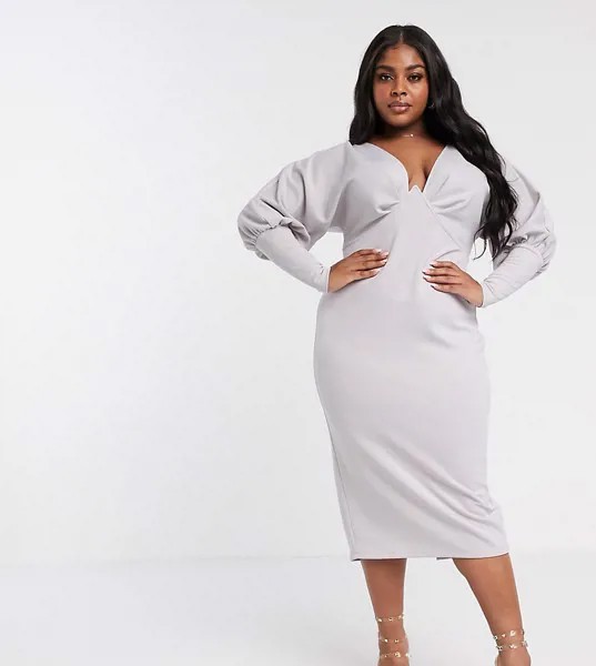 Платье миди с пышными рукавами на манжетах ASOS DESIGN Curve-Серебряный