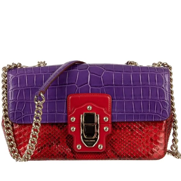 DOLCE - GABBANA Сумка на ремне из крокодиловой кожи со змеиным рисунком LUCIA Red Purple 09920