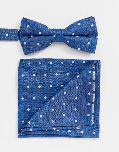 Синий галстук-бабочка и платок для пиджака в горошек Twisted Tailor