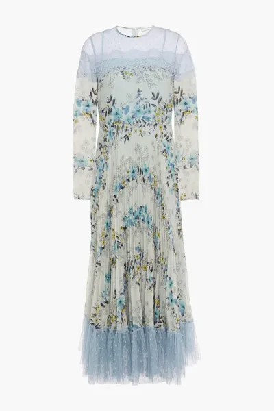 Плиссированное платье миди из жоржета, кружева и пуэн-деспри с цветочным принтом Redvalentino, голубое небо