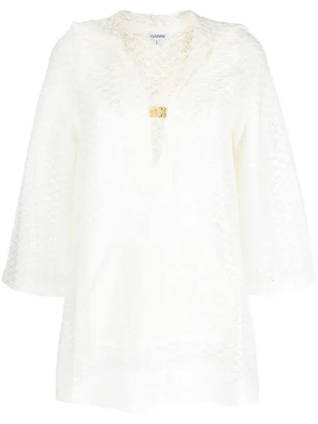 GANNI платье мини Mesh Lace Hoodie, белый