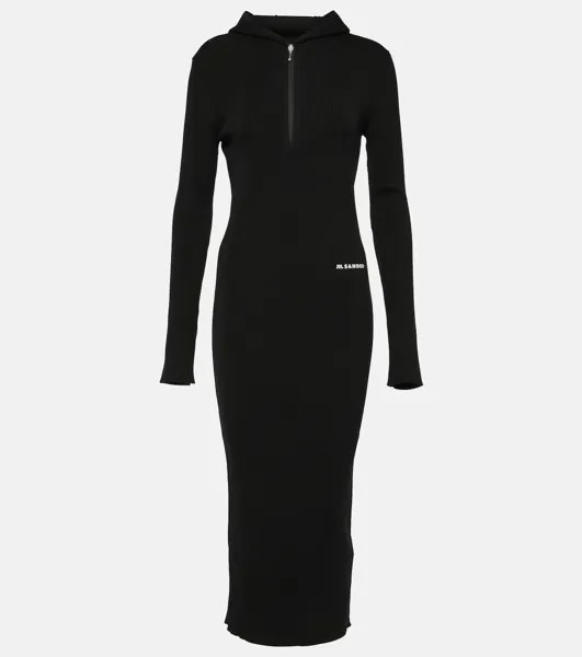 Платье миди из смесовой шерсти Jil Sander, черный