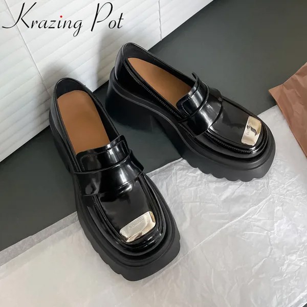 Krazing Pot Ins увеличивающие рост воловья кожа слипоны на высоком каблуке платформе повседневные весенние туфли Брендовые однотонные строчки
