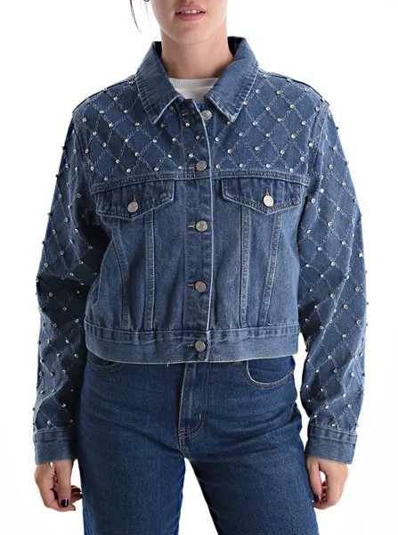 Джинсовая хлопковая куртка на пуговицах со стразами и карманами, синий