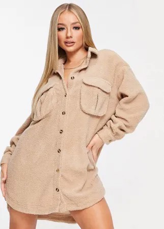 Плюшевое платье-рубашка в стиле oversized серо-коричневого цвета Missguided-Neutral