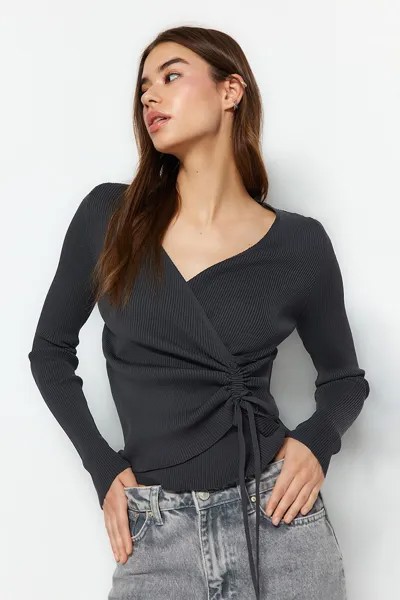 Ребристый свитер с рюшами Trendyol, серый