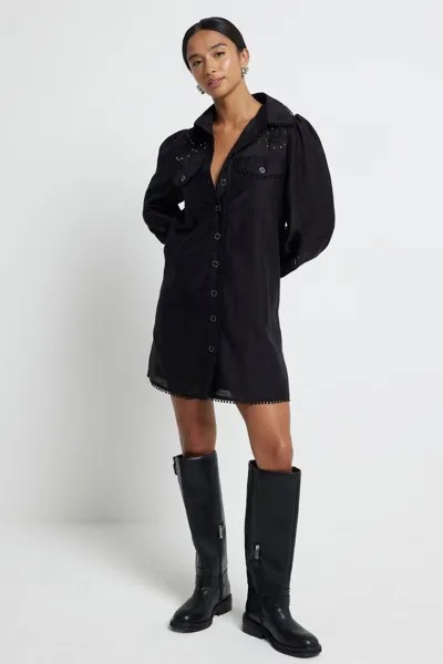Платье рубашка Petite с заклепками и ажурной отделкой River Island, черный