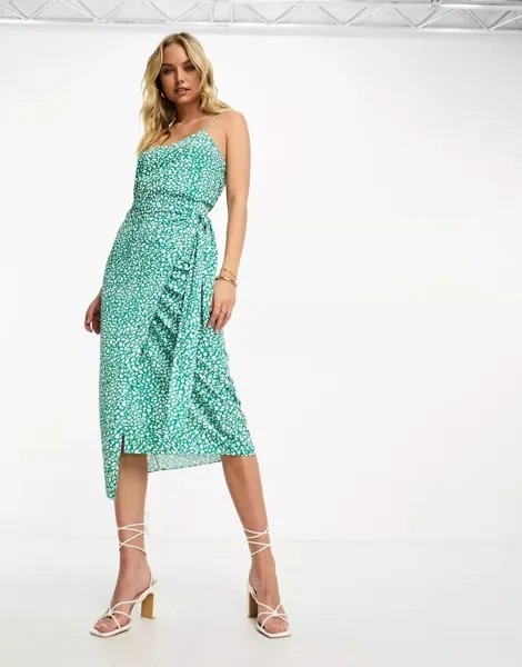 Style Cheat – зеленая юбка-миди с запахом и анималистическим принтом в горошек, комбинированная деталь