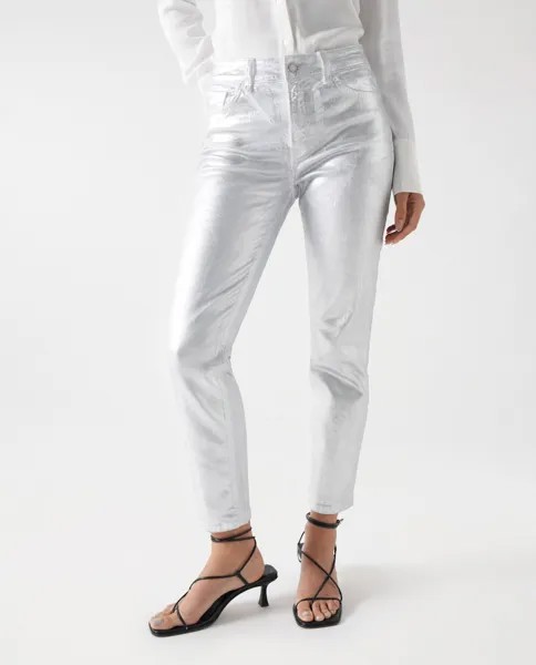 Женские прямые брюки с завышенной талией и металлизированным эффектом Salsa Jeans, серебро