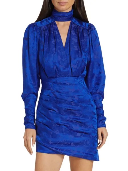 Атласное платье-футляр Virgo со сборками и цветочным принтом Ronny Kobo, синий