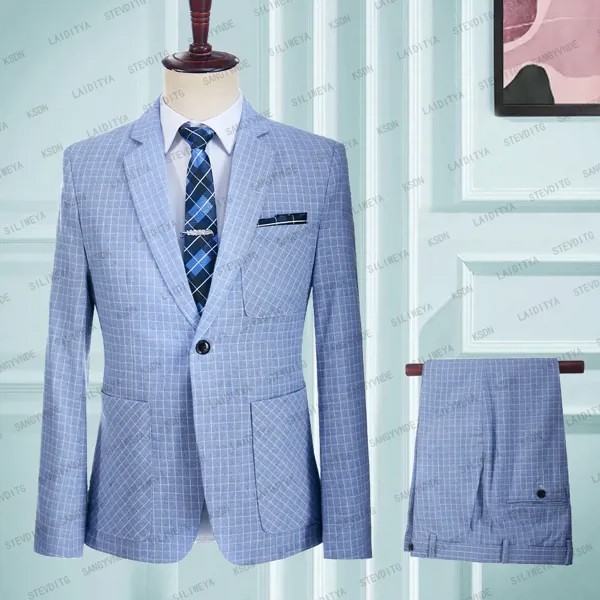 Мужские джинсовые костюмы в клетку, синие классические льняные костюмы из 2 предметов, модная свадебная куртка, смокинги, повседневные костюмы высокого качества, 2023