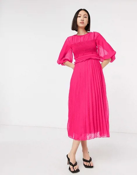 Ярко-розовое платье миди из ткани добби со сборками и плиссировкой ASOS DESIGN-Розовый цвет