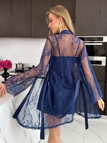 Silky Spell Женский кружевной купальный халат с длинными рукавами и ночная рубашка на бретельках, пижамный Комплект Shein, синий