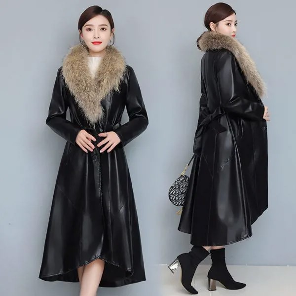 Модная кожаная куртка с меховым воротником Женская осенне-зимняя одежда длинная плотная кожаная ветровка тонкое корейское пальто y1014